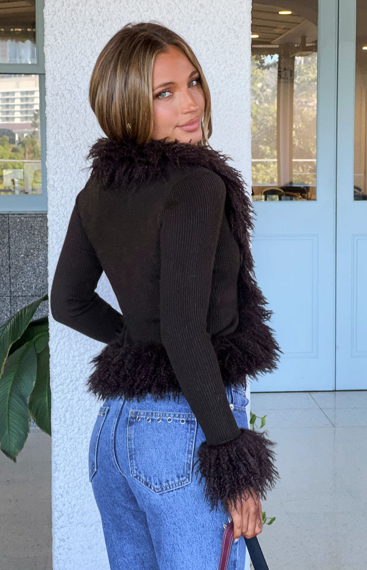 Violetta Chocolate Fur Trim Knit Cardigan — 7