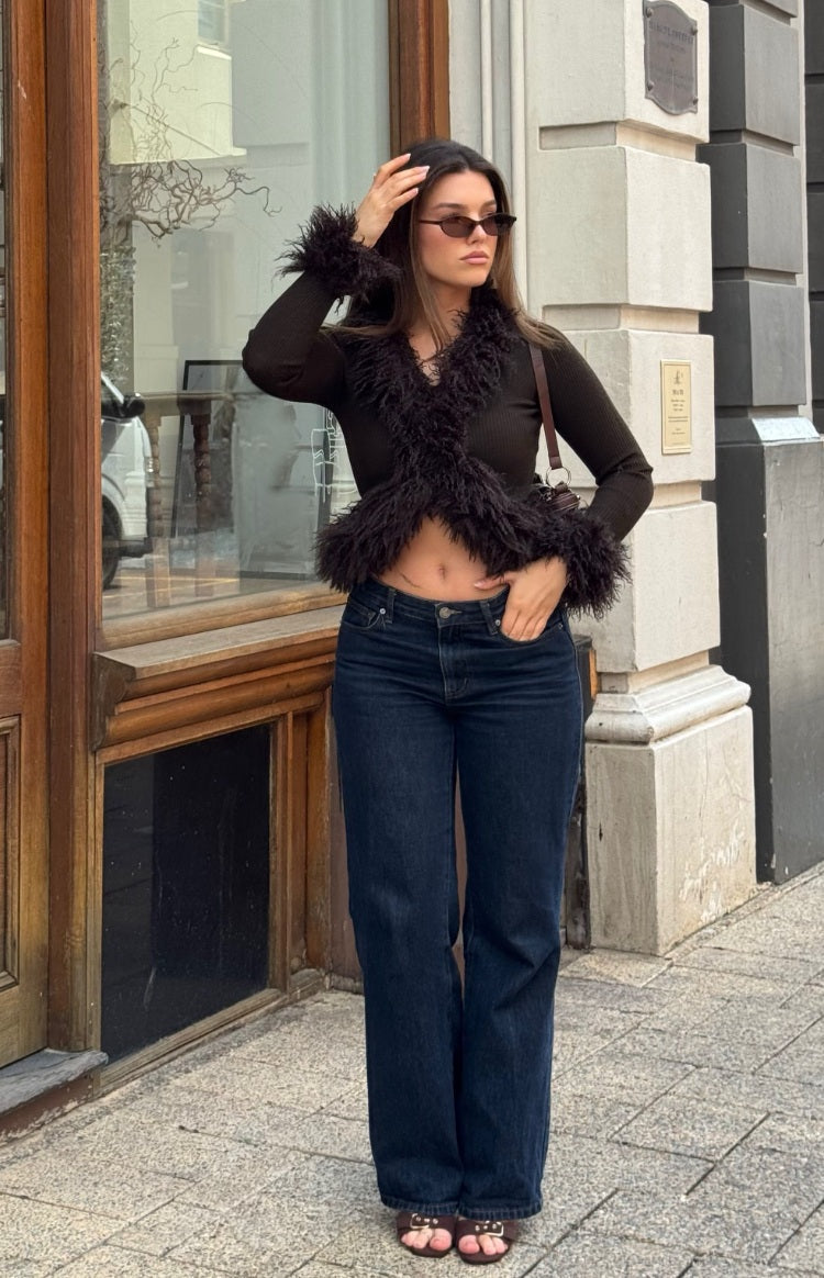 Violetta Chocolate Fur Trim Knit Cardigan — 9
