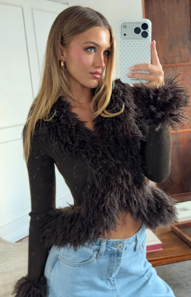 Violetta Chocolate Fur Trim Knit Cardigan — 13