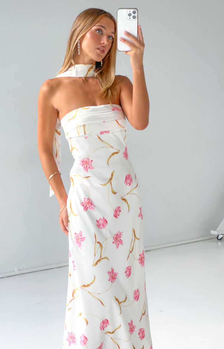 Icelynn Cream Floral Print Strapless Satin Maxi Dress — 1