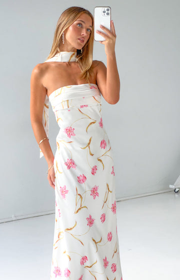 Icelynn Cream Floral Print Strapless Satin Maxi Dress — 1