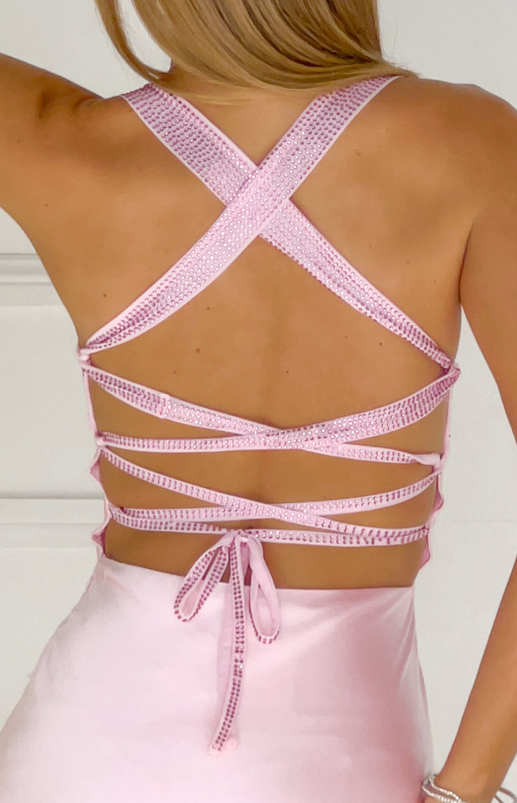 Jazzy Pink Contrast Rhinestone Satin Maxi Dress — 5
