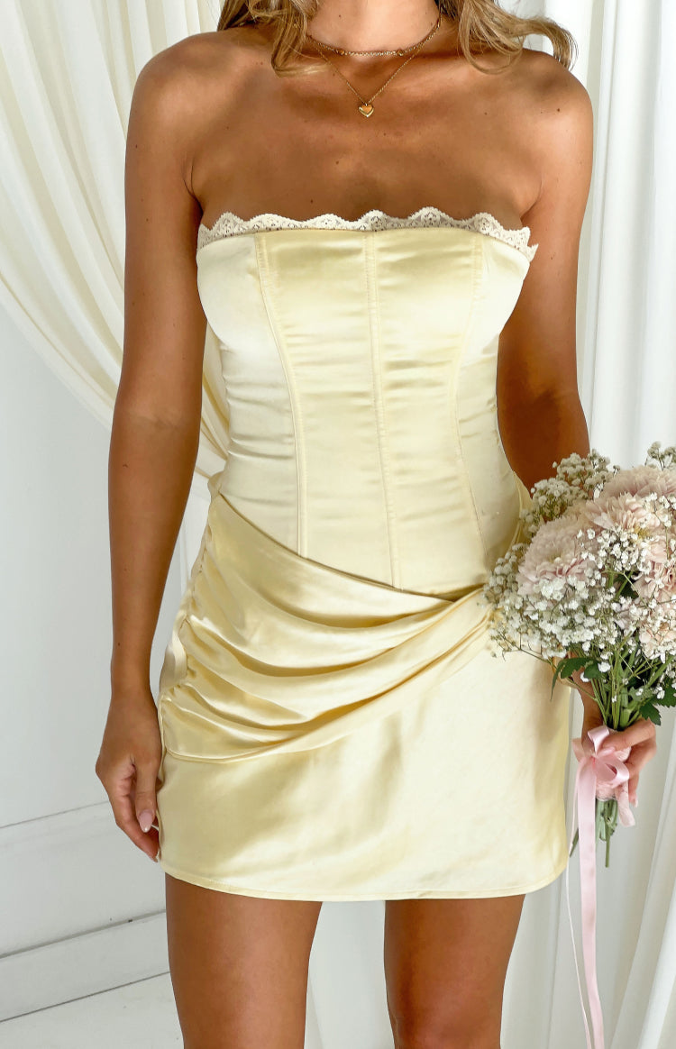 Sasha Yellow Ruched Twist Satin Mini Dress — 1