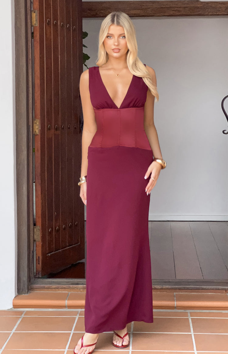 Lara Burgundy Contrast Satin Maxi Dress — 3