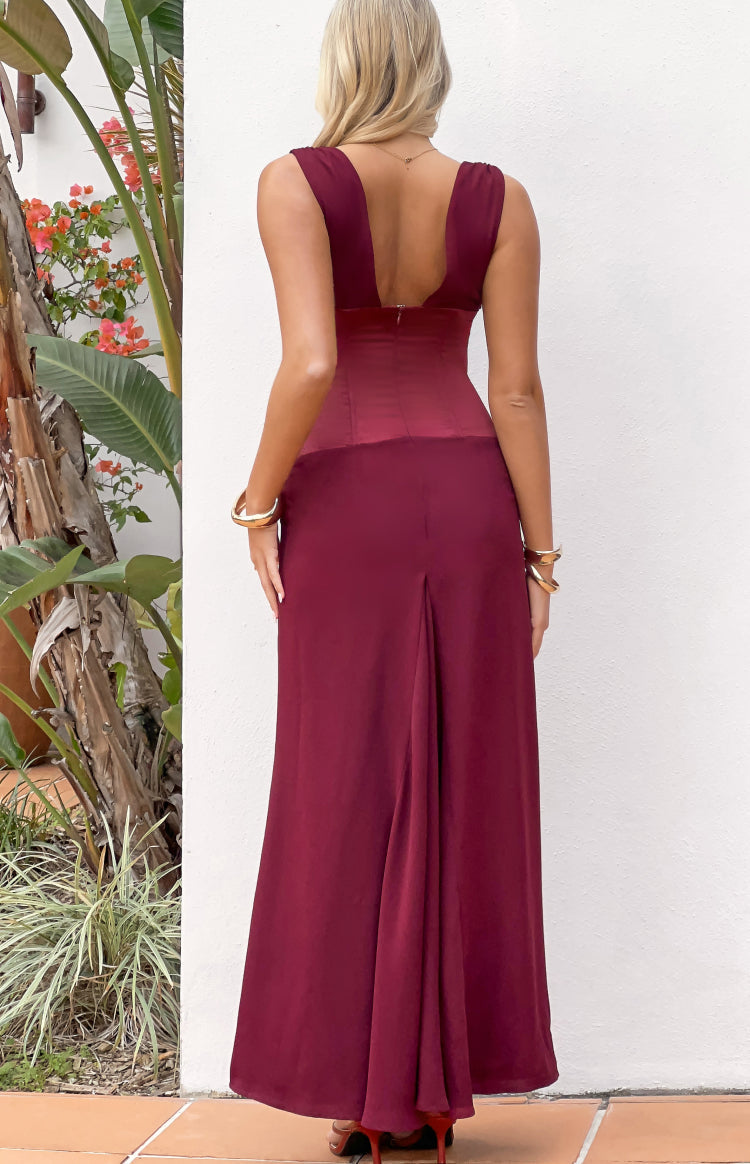 Lara Burgundy Contrast Satin Maxi Dress — 4