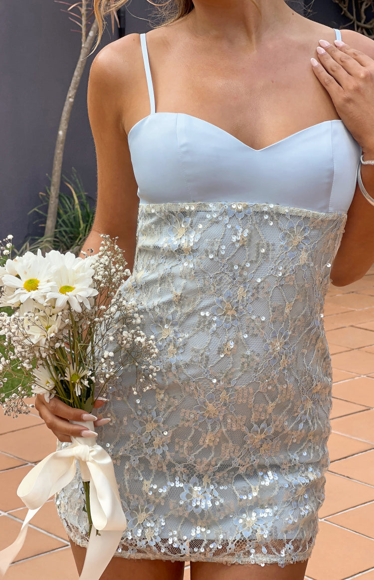 Marnia Blue Sequin Lace Satin Party Mini Dress — 4