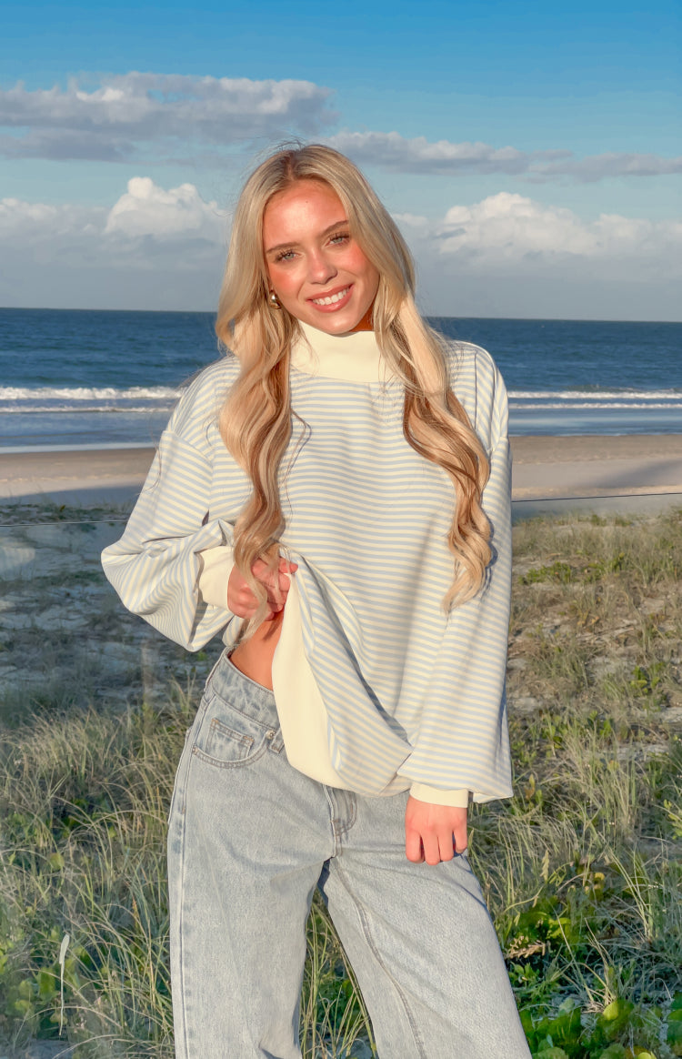 Flossy Mock Neck Blue Stripe Sweater — 1