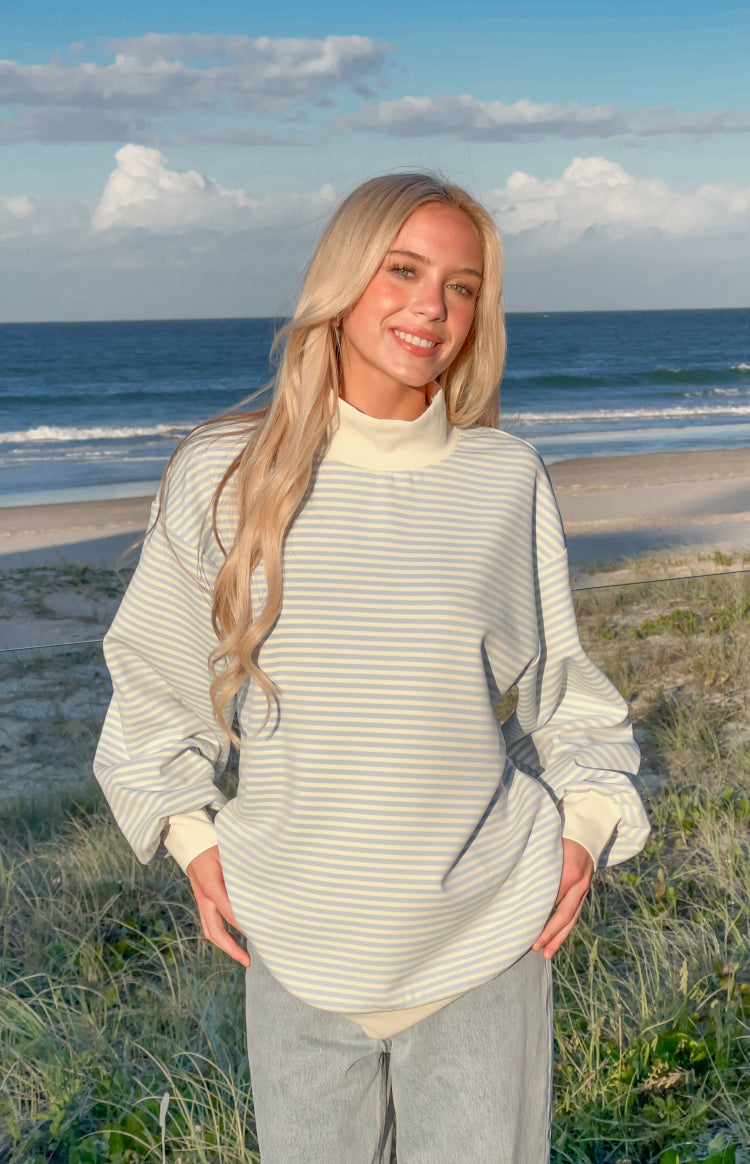 Flossy Mock Neck Blue Stripe Sweater — 2