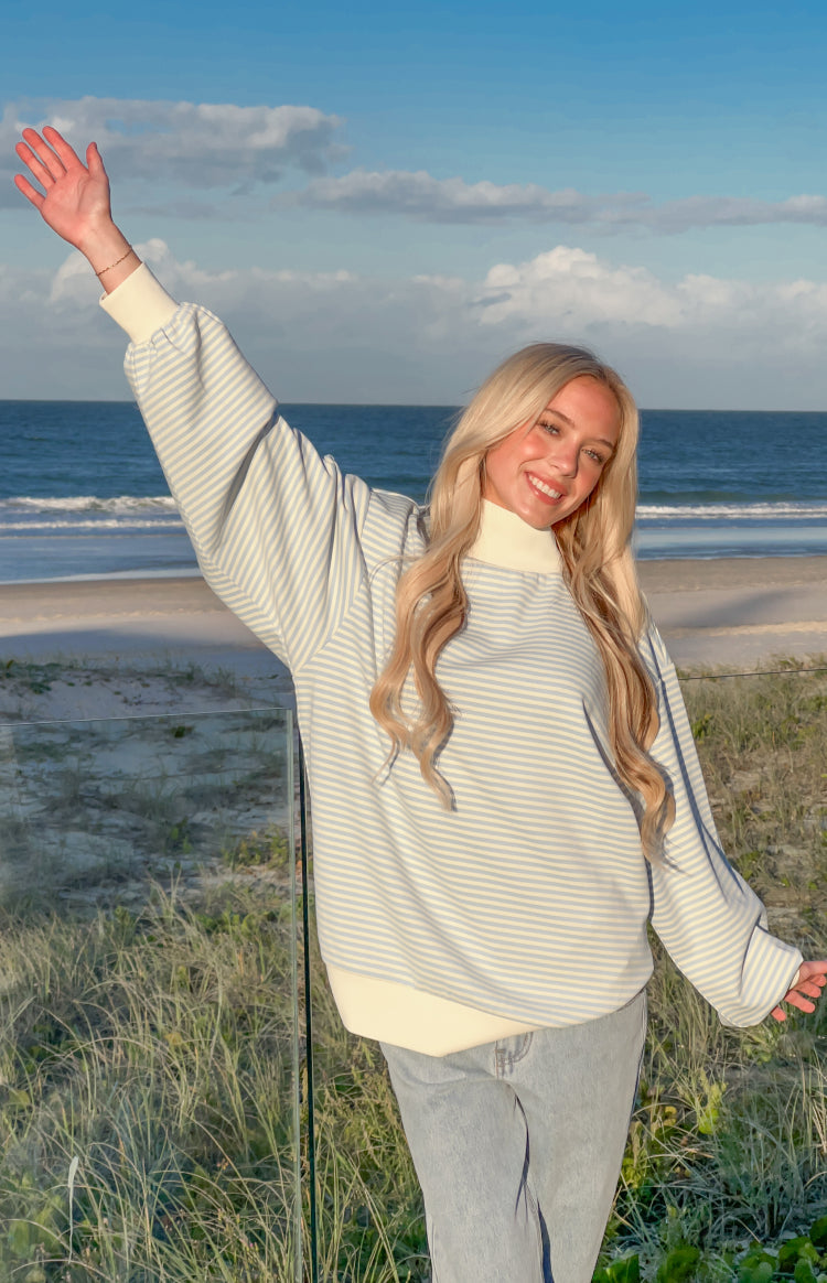 Flossy Mock Neck Blue Stripe Sweater — 5
