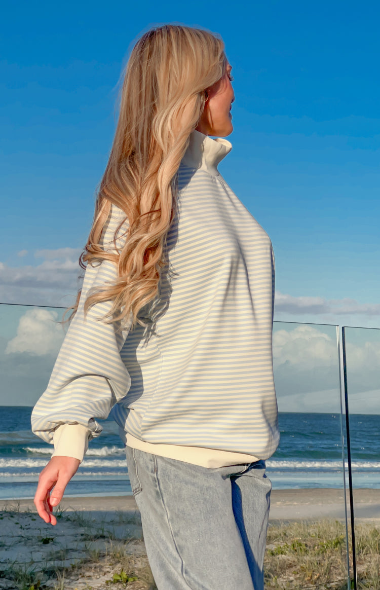 Flossy Mock Neck Blue Stripe Sweater — 6