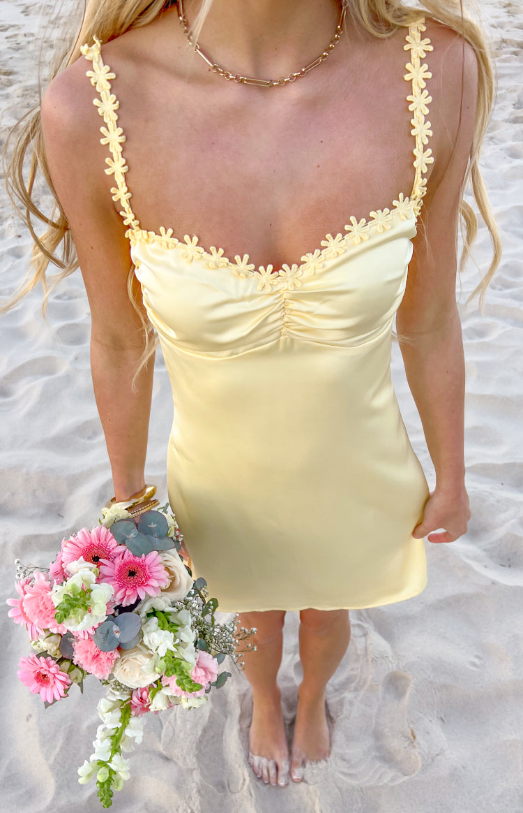 Connie Yellow Flower Detail Satin Party Mini Dress — 2