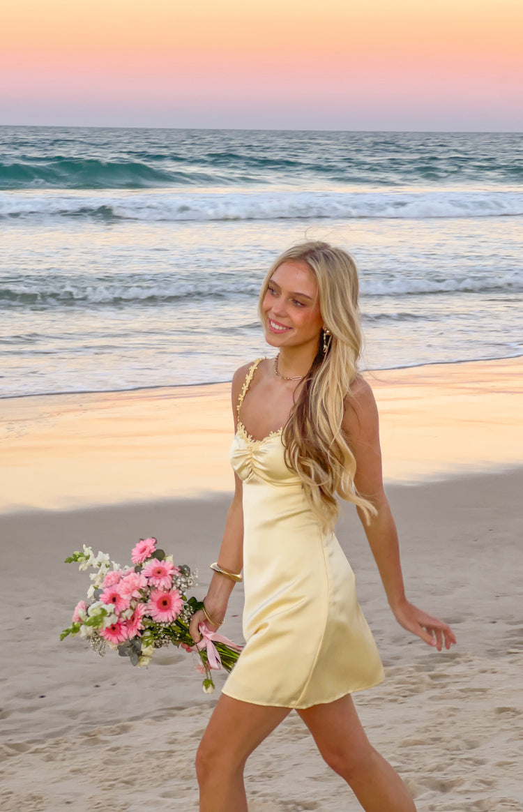 Connie Yellow Flower Detail Satin Party Mini Dress — 5