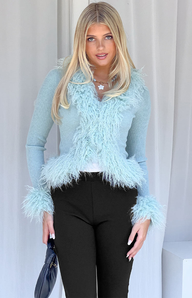 Violetta Mint Green Fur Trim Knit Cardigan — 3