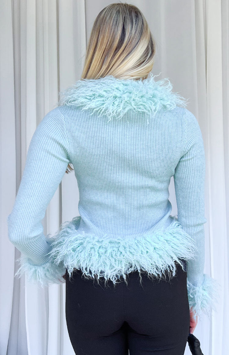 Violetta Mint Green Fur Trim Knit Cardigan — 6