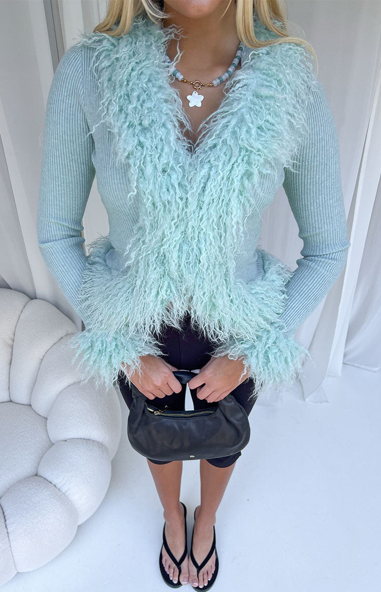 Violetta Mint Green Fur Trim Knit Cardigan — 7