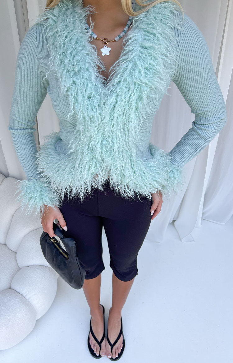 Violetta Mint Green Fur Trim Knit Cardigan — 8
