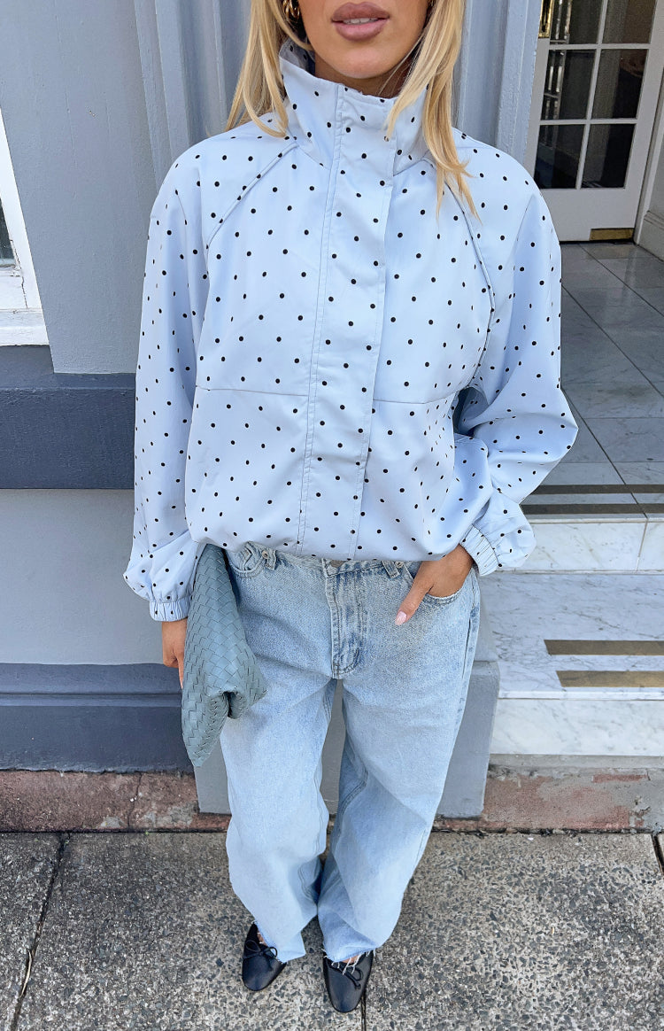 Erin Blue Polka Dot Funnel Neck Sports Jacket — 1