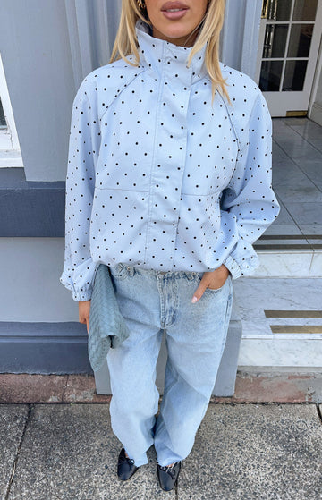Erin Blue Polka Dot Funnel Neck Sports Jacket — 1