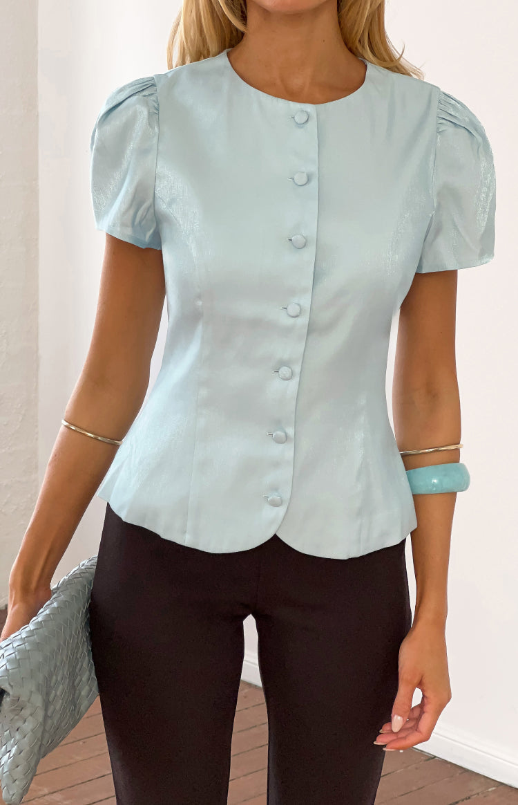 Amelina Blue Button Up Organza Top — 1