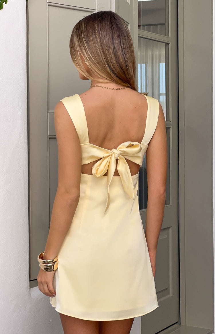 Tiera Yellow Satin Bow Detail Party Mini Dress — 6