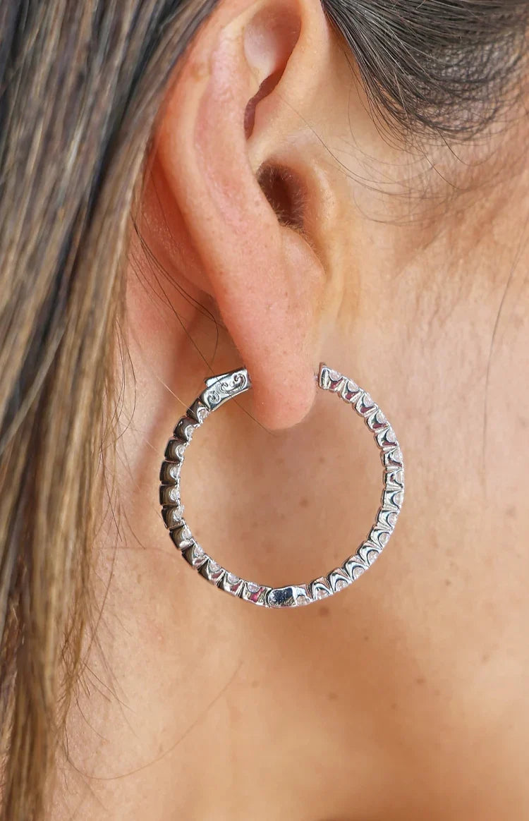 Jadine Silver Large Diamante Hoop Earrings — 4