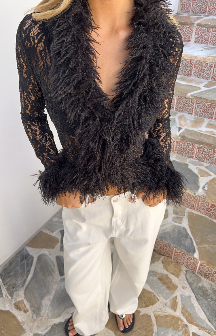 Violetta Black Lace Fur Trim Top — 1