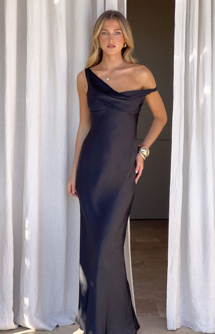 Charm Black Off Shoulder Formal Satin Maxi Dress — 4