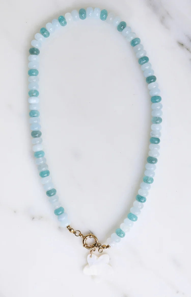 Roche Blue Beaded Flower Charm Necklace — 1
