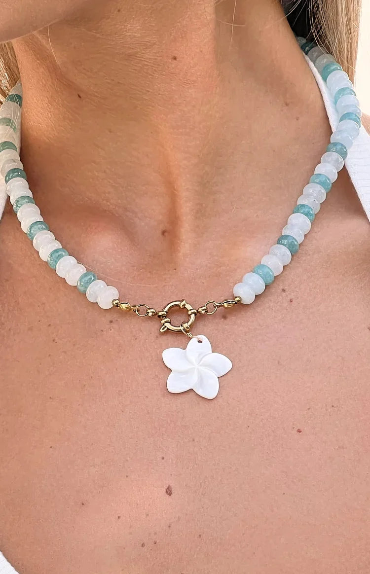 Roche Blue Beaded Flower Charm Necklace — 3