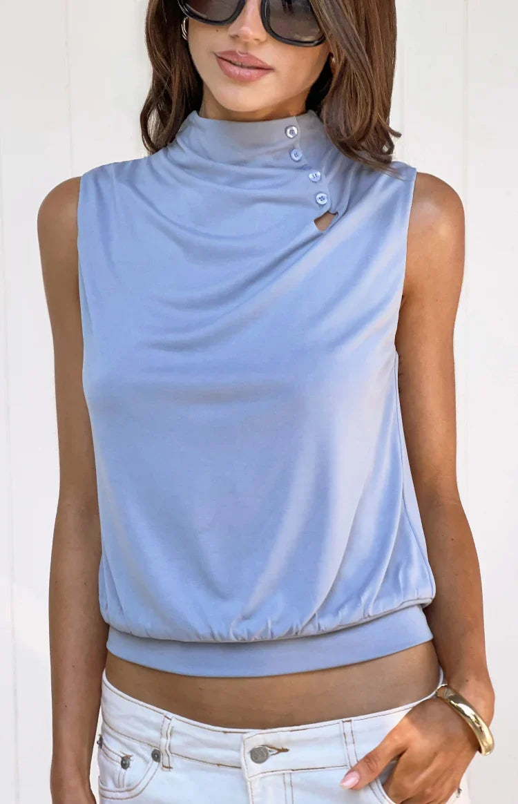 Indie Dusty Blue Keyhole Button Top — 1