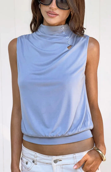 Indie Dusty Blue Keyhole Button Top — 1