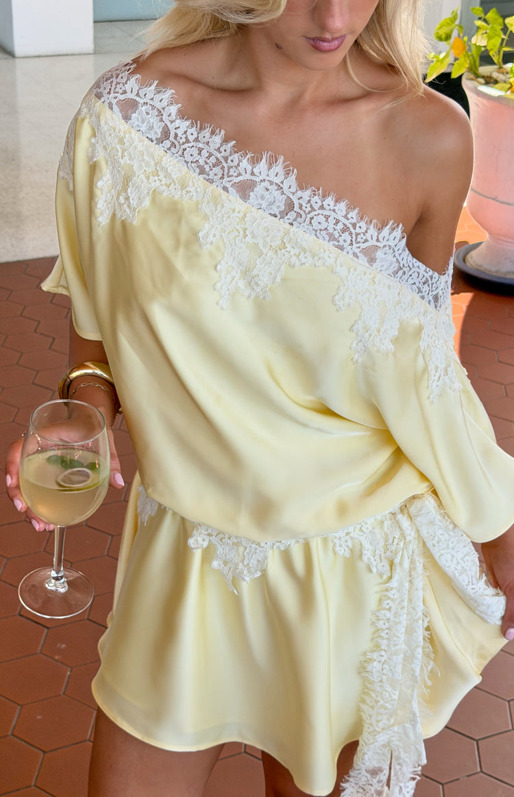 Otis Yellow Satin Lace Trim Party Mini Dress — 1