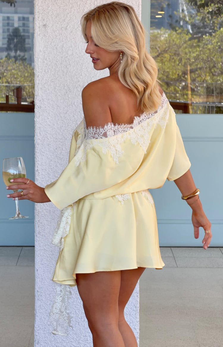 Otis Yellow Satin Lace Trim Party Mini Dress — 5