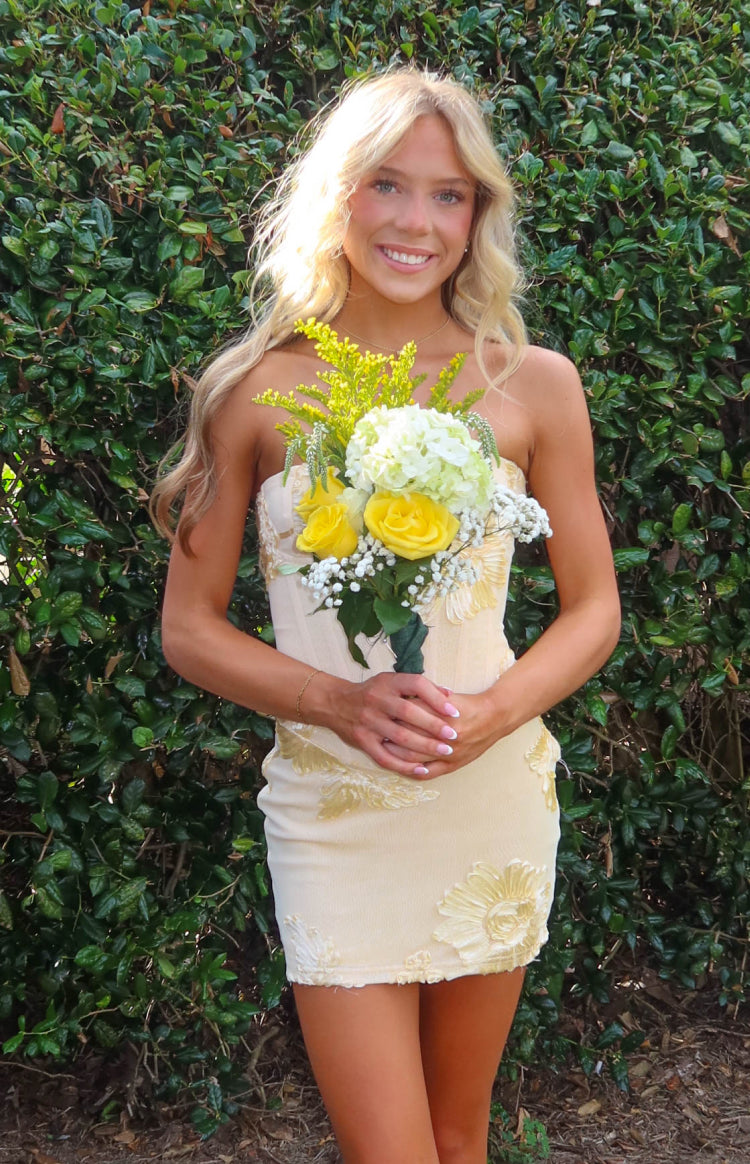 Sabrina Yellow Flower Applique Corset Party Mini Dress — 1