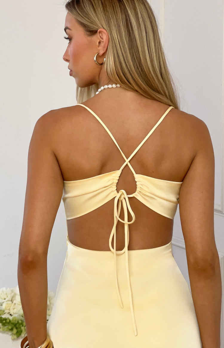 Flora Yellow Tie Satin Party Mini Dress — 5