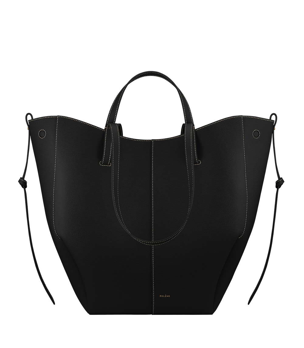 Polène Cyme Tote Textured Calf Leather Bag - Black with Ecru Stitching