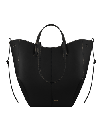 Polène Cyme Tote Textured Calf Leather Bag - Black with Ecru Stitching